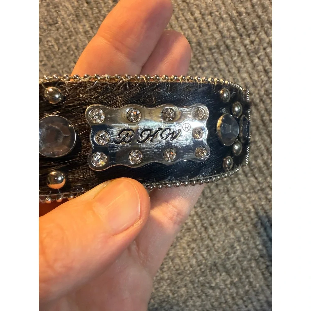 B.B. Simon BHW Black Pony Hair Crystal Studded Western Belt Silver Buckle 51in